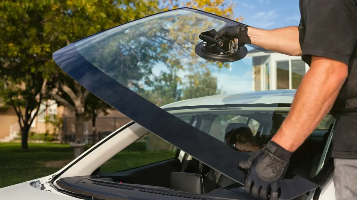 Technician positioning a replacement windshield for mobile glass service near Kelvington Saskatchewan