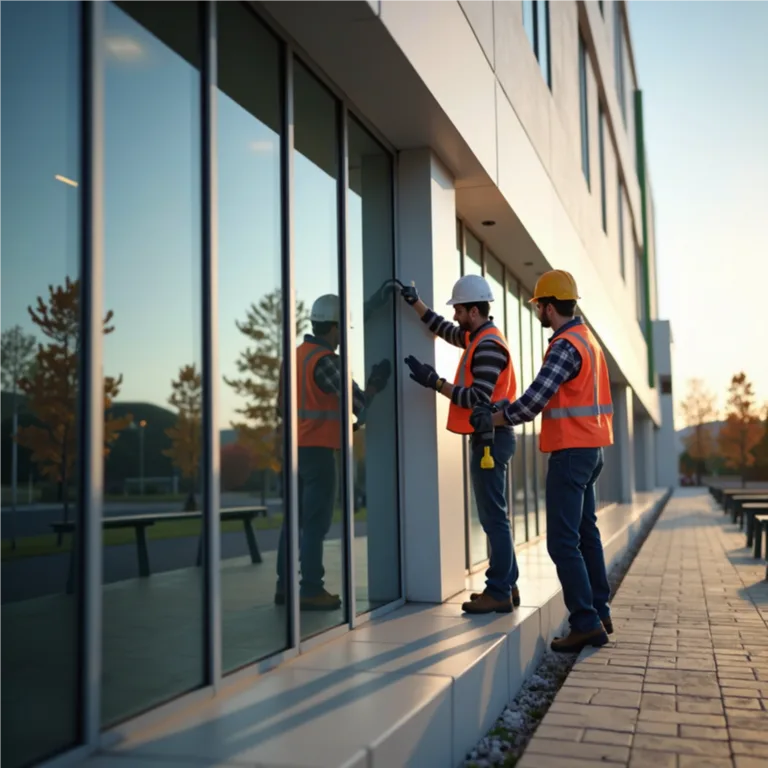 Workers inspecting a glass storefront