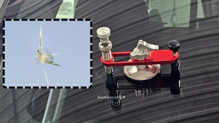 Windshield chip repair tool positioned over damaged glass